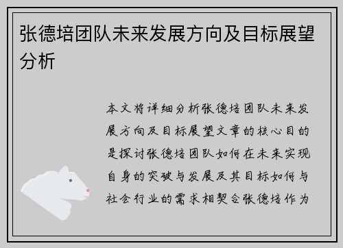 张德培团队未来发展方向及目标展望分析